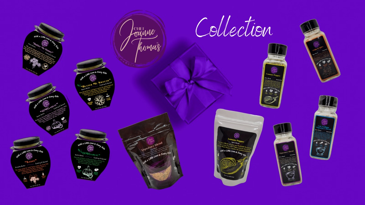 Chef Joanne Thomas collection: butters, spice blends, pouches and a gift box