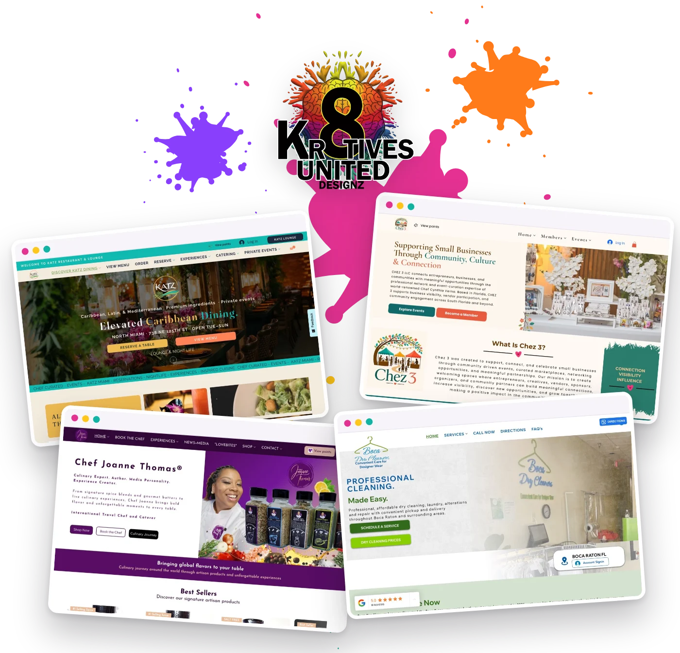 Kr8tives United logo above websites for KATZ Miami, Chez3, Chef Joanne Thomas and Boca Dry Cleaners